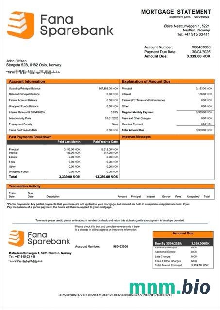 Norwegia Fana Sparebank wyciąg z kredytu hipotecznego szablon Word i PDF